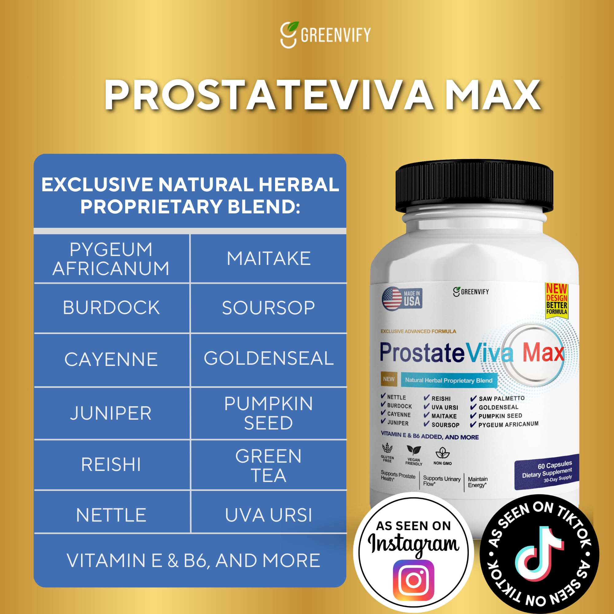 GREENVIFY ProstateViva Max label detailing key natural ingredients.