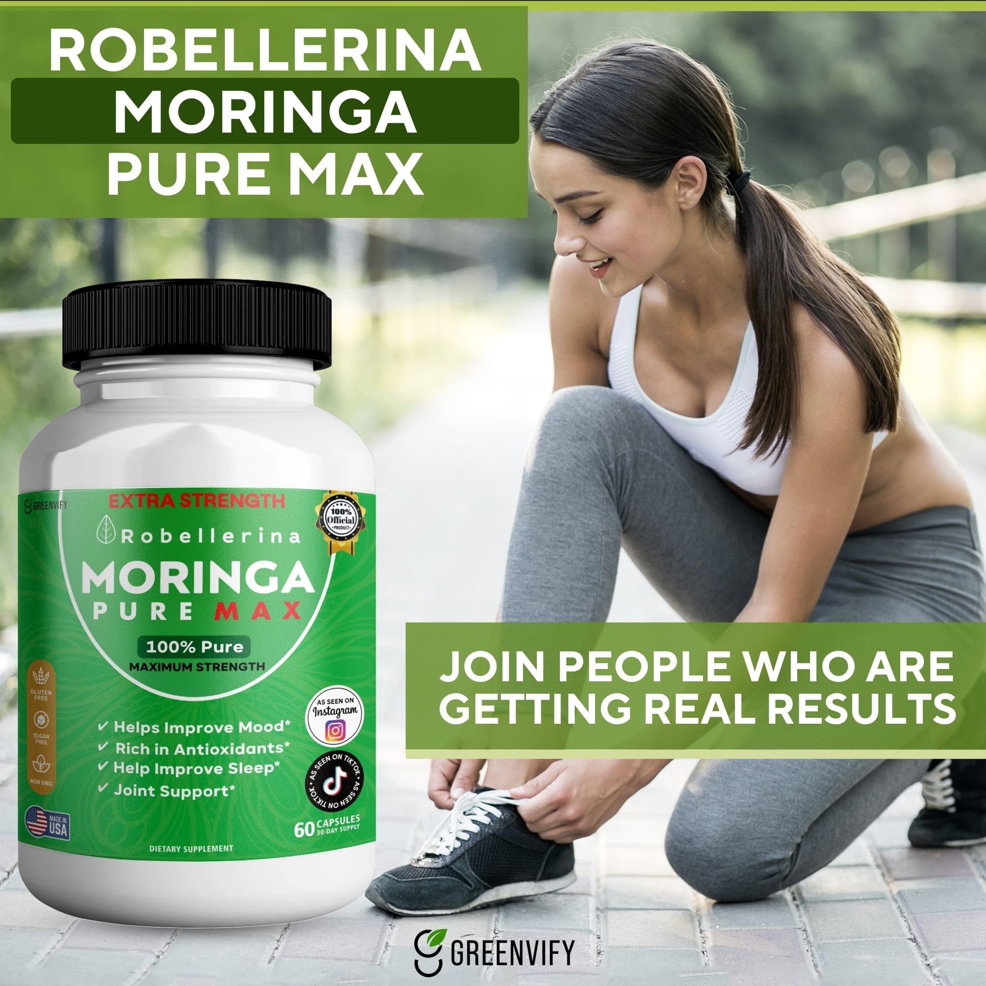 Bottle with a glass of water showing simple daily intake for Robellerina Moringa Pure Max