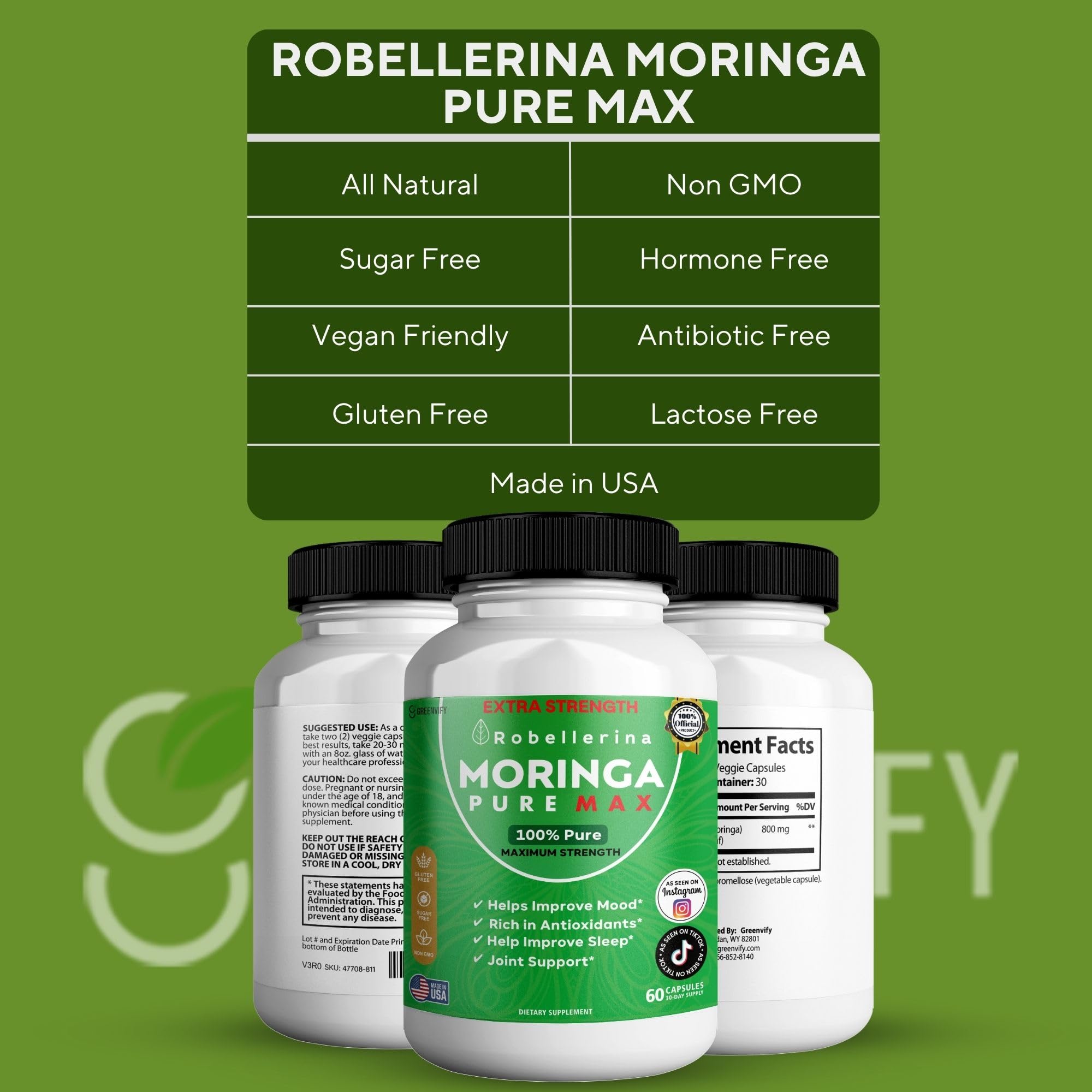 Leaf extract 800mg detail on GreenVify Robellerina Moringa Pure Max label