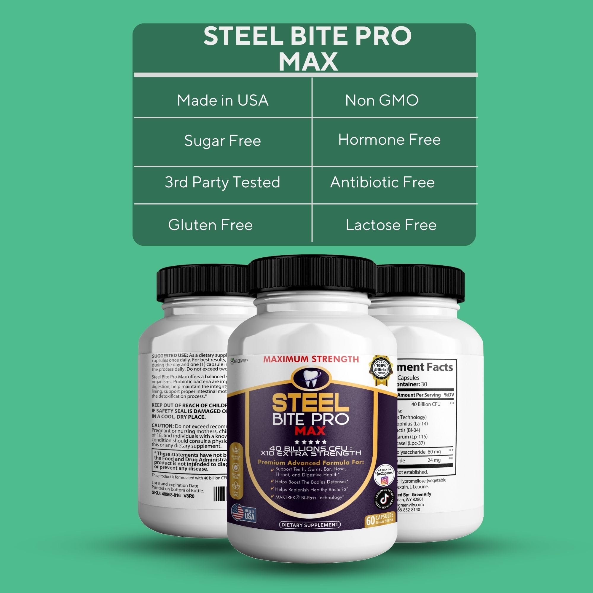 GREENVIFY Steel Bite Pro Max label closeup highlighting 40B CFU.