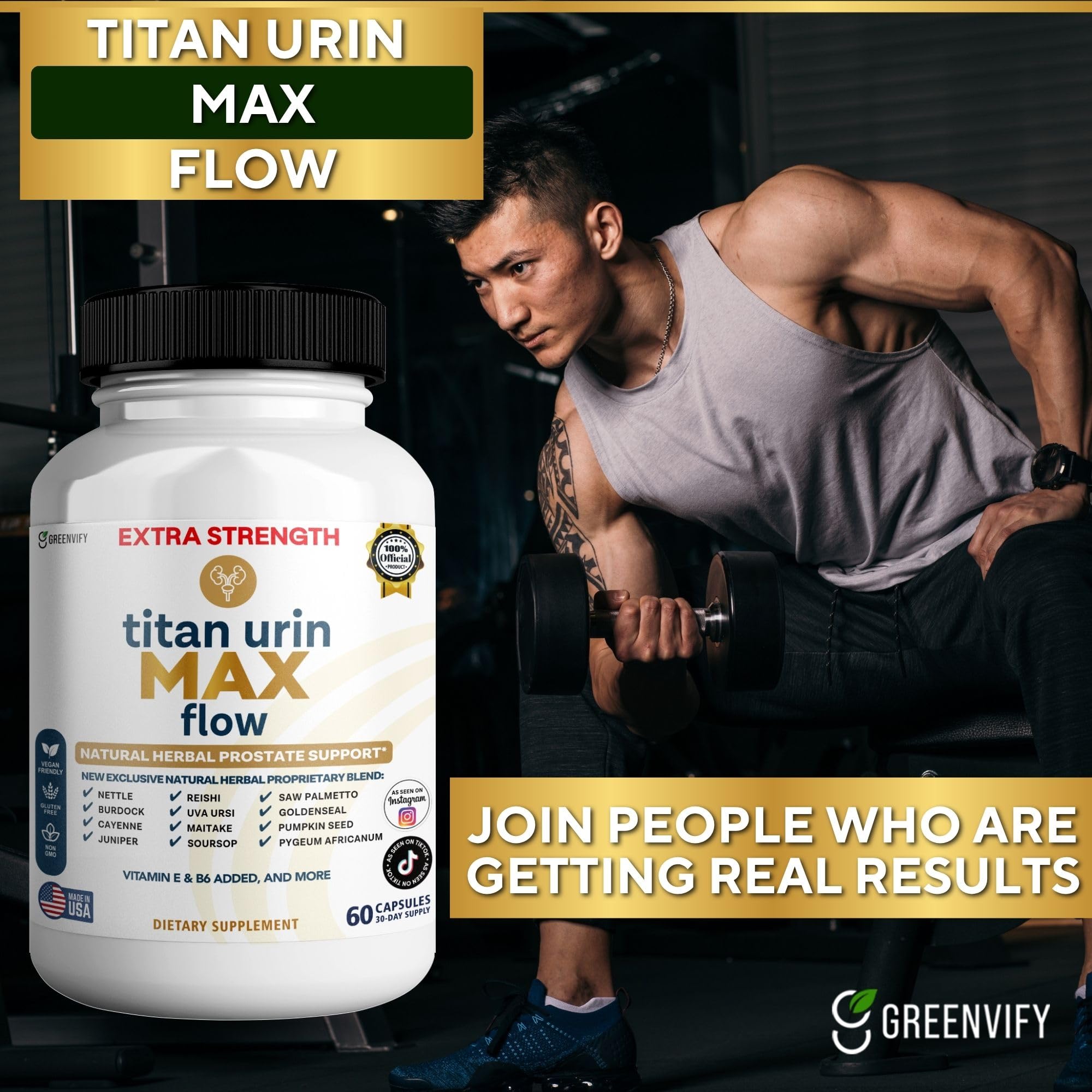 GreenVify Titan Urin Max Flow bottle side view illustrating daily supplement routine