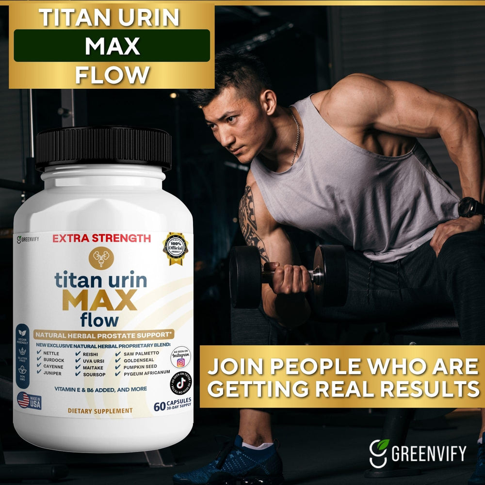 GreenVify Titan Urin Max Flow bottle side view illustrating daily supplement routine