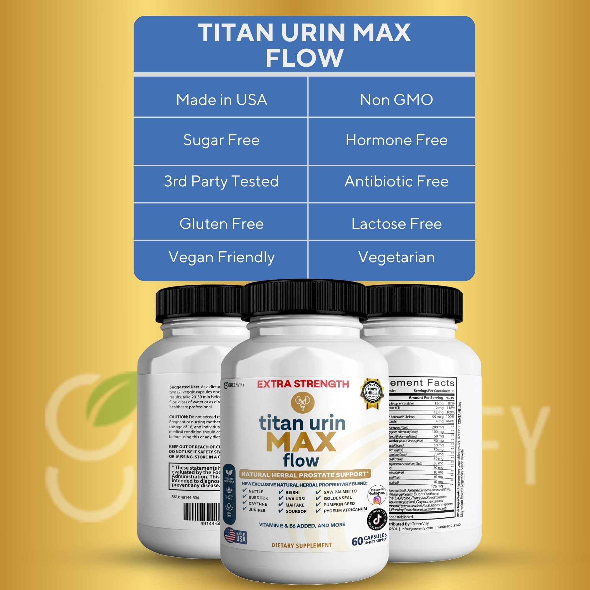GreenVify Titan Urin Max Flow capsules arranged to showcase natural ingredients for support