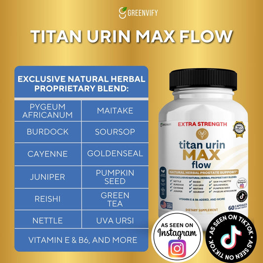 GreenVify Titan Urin Max Flow label closeup highlighting Saw Palmetto and essential vitamins