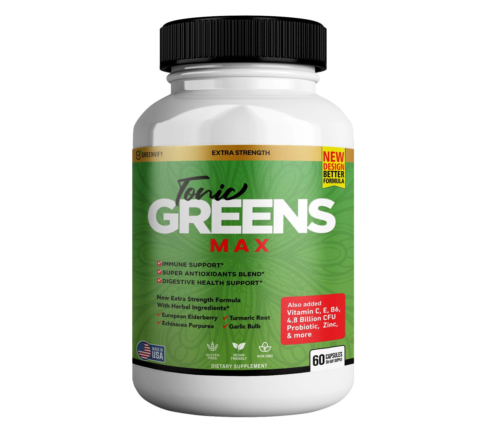 GreenVify Tonic Greens Max bottle front, signaling immune support for daily wellness.