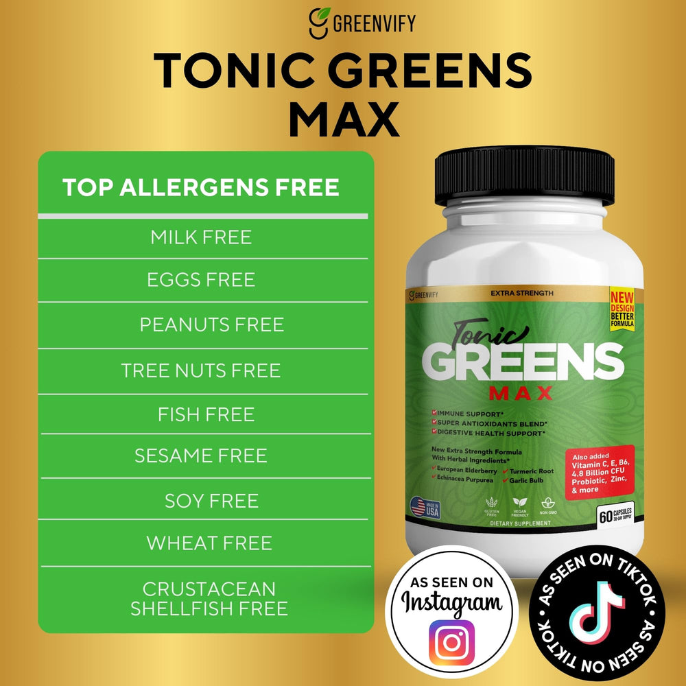 GreenVify Tonic Greens Max with elderberry and turmeric suggesting antioxidants.