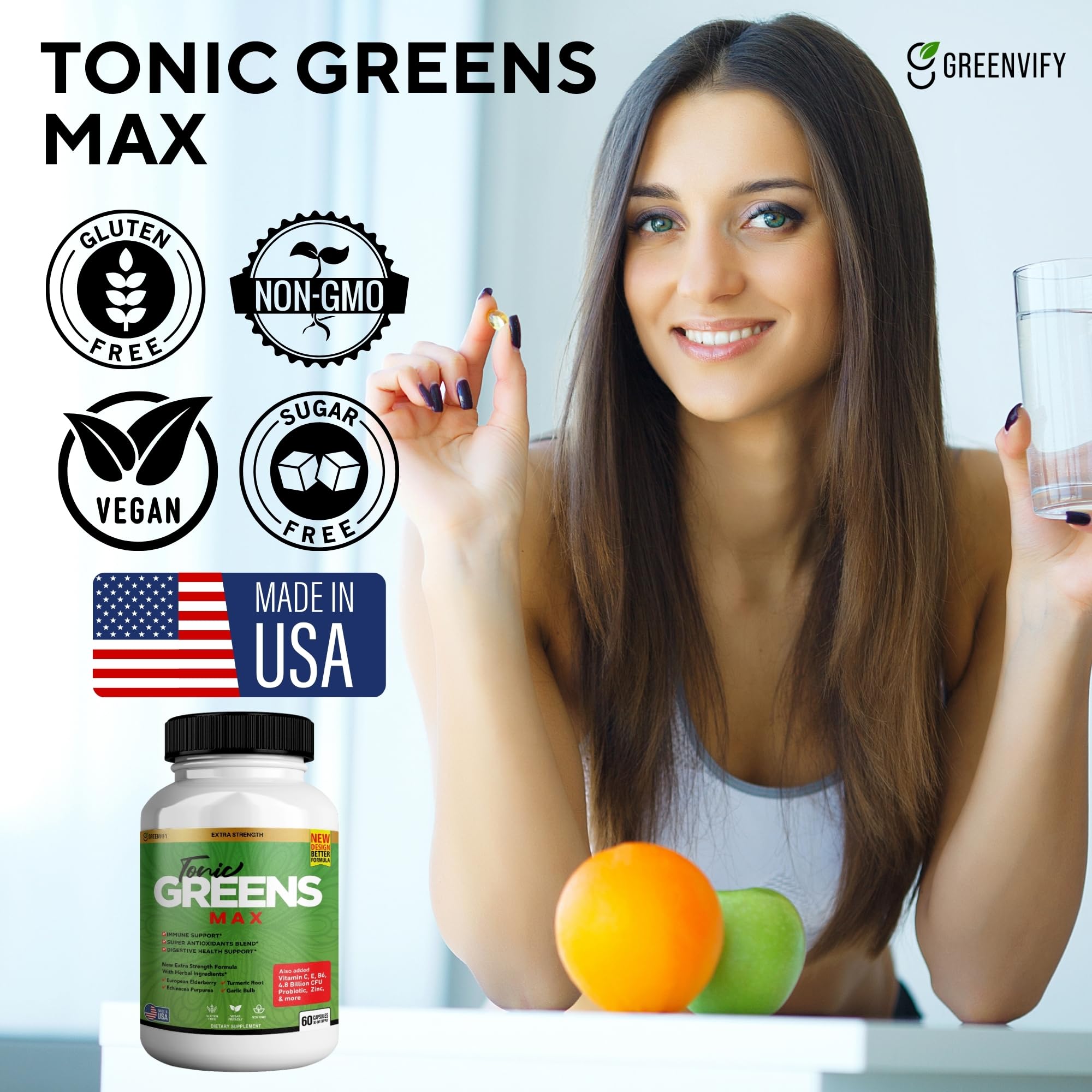 GreenVify Tonic Greens Max label highlights vitamins C, E, B6.