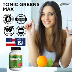 GreenVify Tonic Greens Max label highlights vitamins C, E, B6.