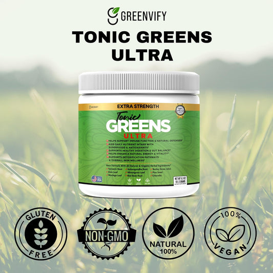 GREENVIFY Tonic Greens Ultra bottle pour highlighting immune-supporting greens.