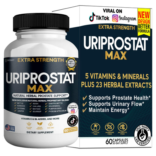 Greenvify Uriprostat Max bottle front view, highlighting the natural herbal supplement for daily urinary support