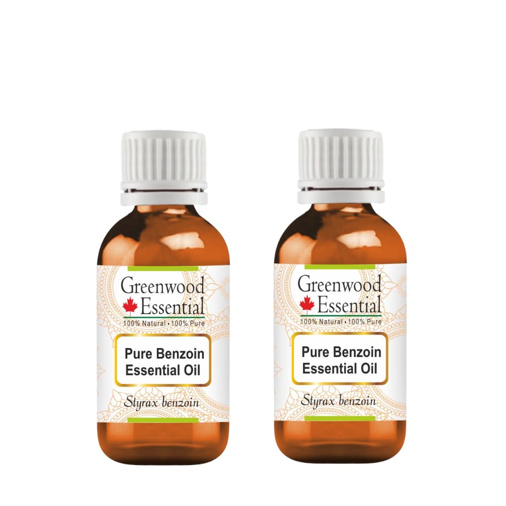 Greenwood Essential benzoin oil bottle close-up for skin care use.