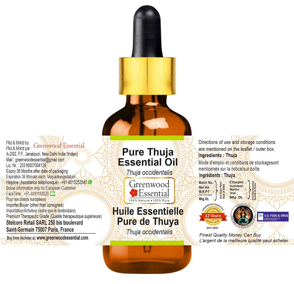 Greenwood Essential steam-distilled Thuja oil ready for skincare routines.