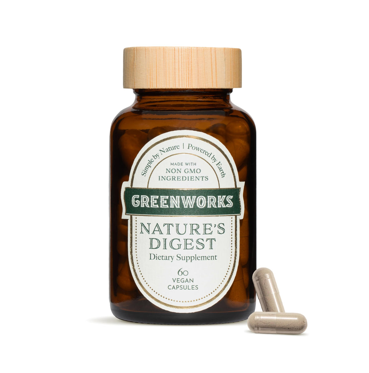 Greenworks Nature's Digest bottle with clear label for daily gut support.