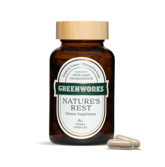 Greenworks Nature's Rest bottle front view showing melatonin-free sleep aid for restful nights