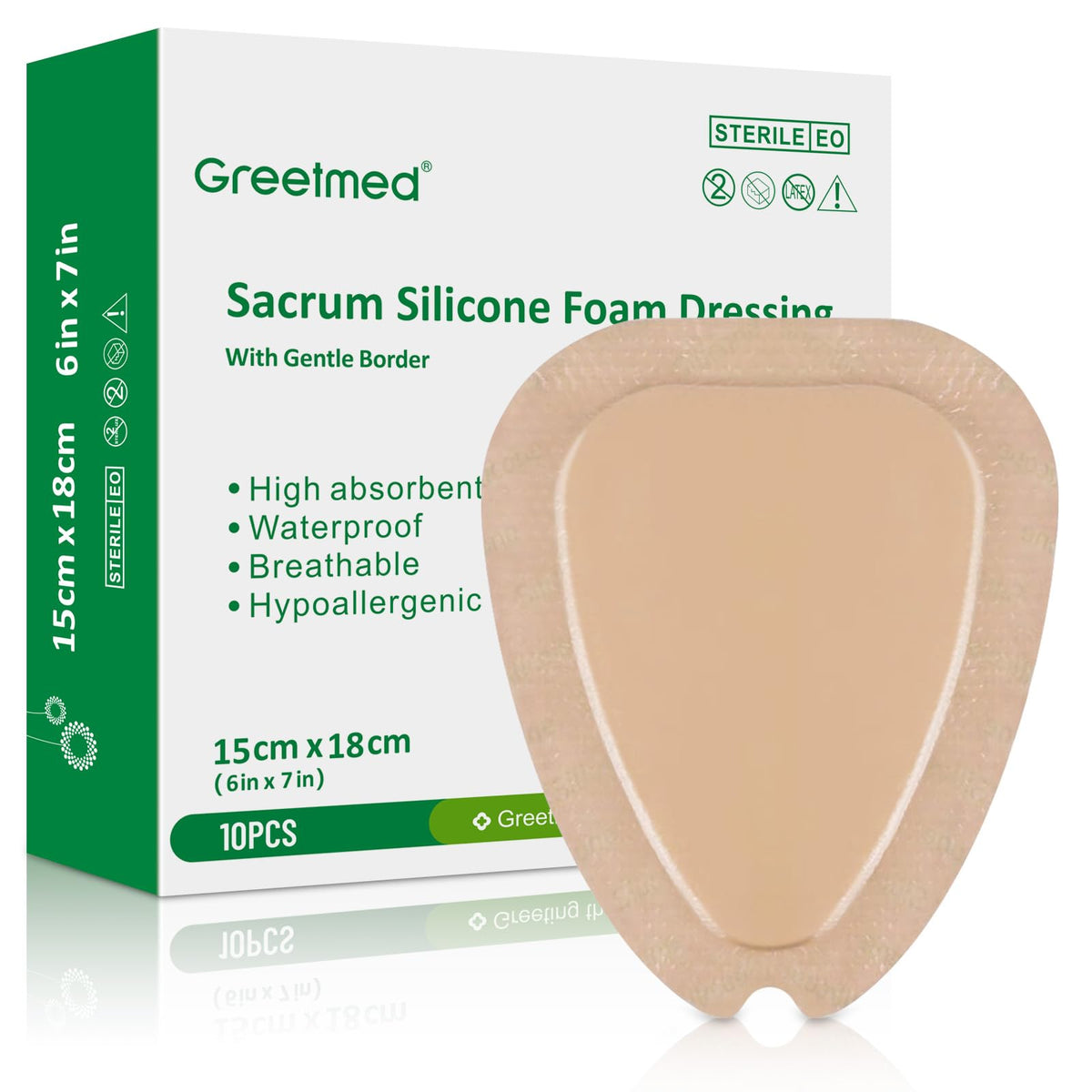 Greetmed Sacrum Foam Dressing close-up on absorbent core for moist wound care.