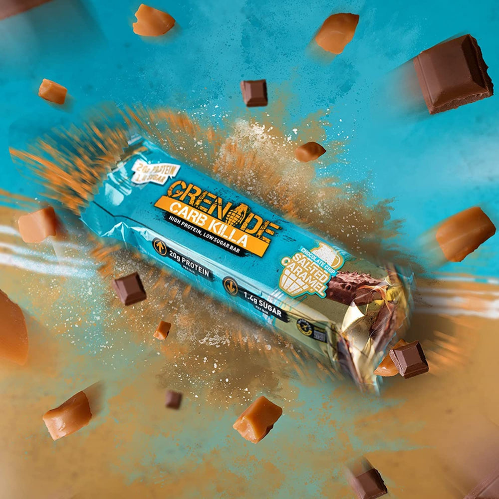 Grenade Carb Killa bar cross-section reveals dense center with caramel.