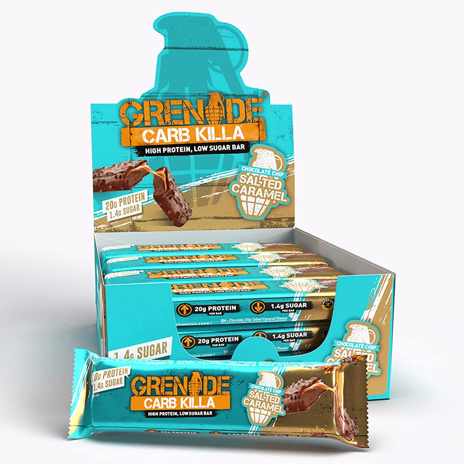 Grenade Carb Killa bar pack shot highlights a convenient low-carb protein snack.