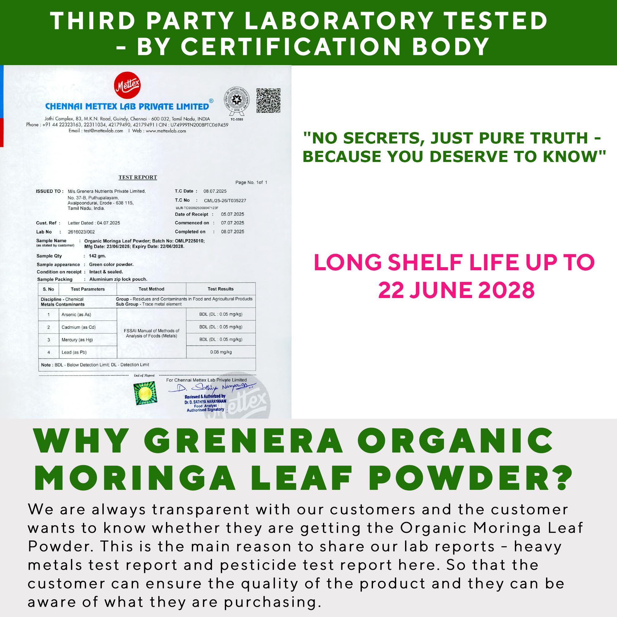Grenera Moringa Powder texture close-up, vibrant green powder for shakes.