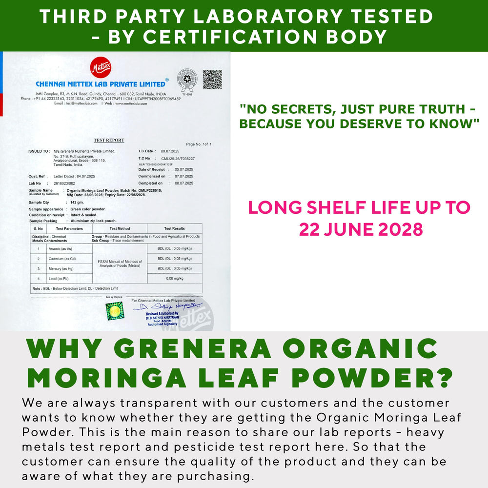 Grenera Moringa Powder texture close-up, vibrant green powder for shakes.