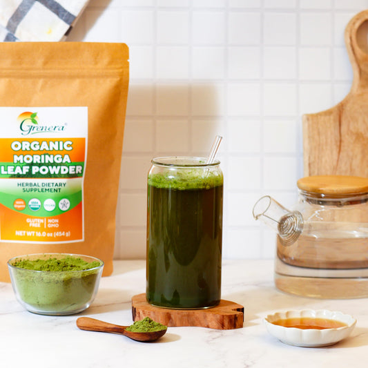 Grenera Organic Moringa Powder bag back label, highlighting organic, farm-direct sourcing.