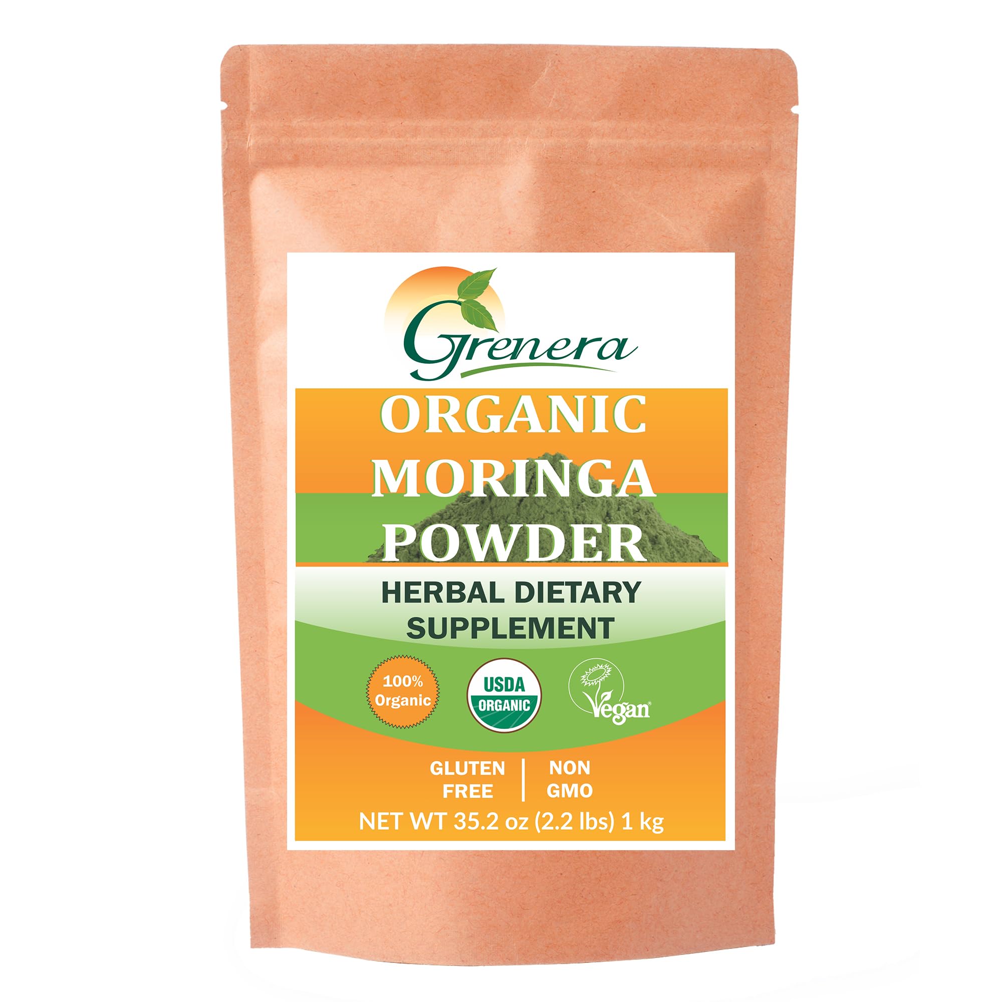 Grenera Organic Moringa Powder bag front, ideal for smoothies and daily greens.