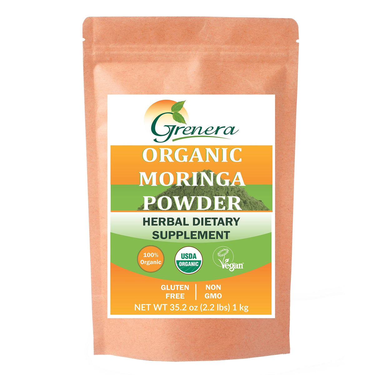 Grenera Organic Moringa Powder bag front, ideal for smoothies and daily greens.
