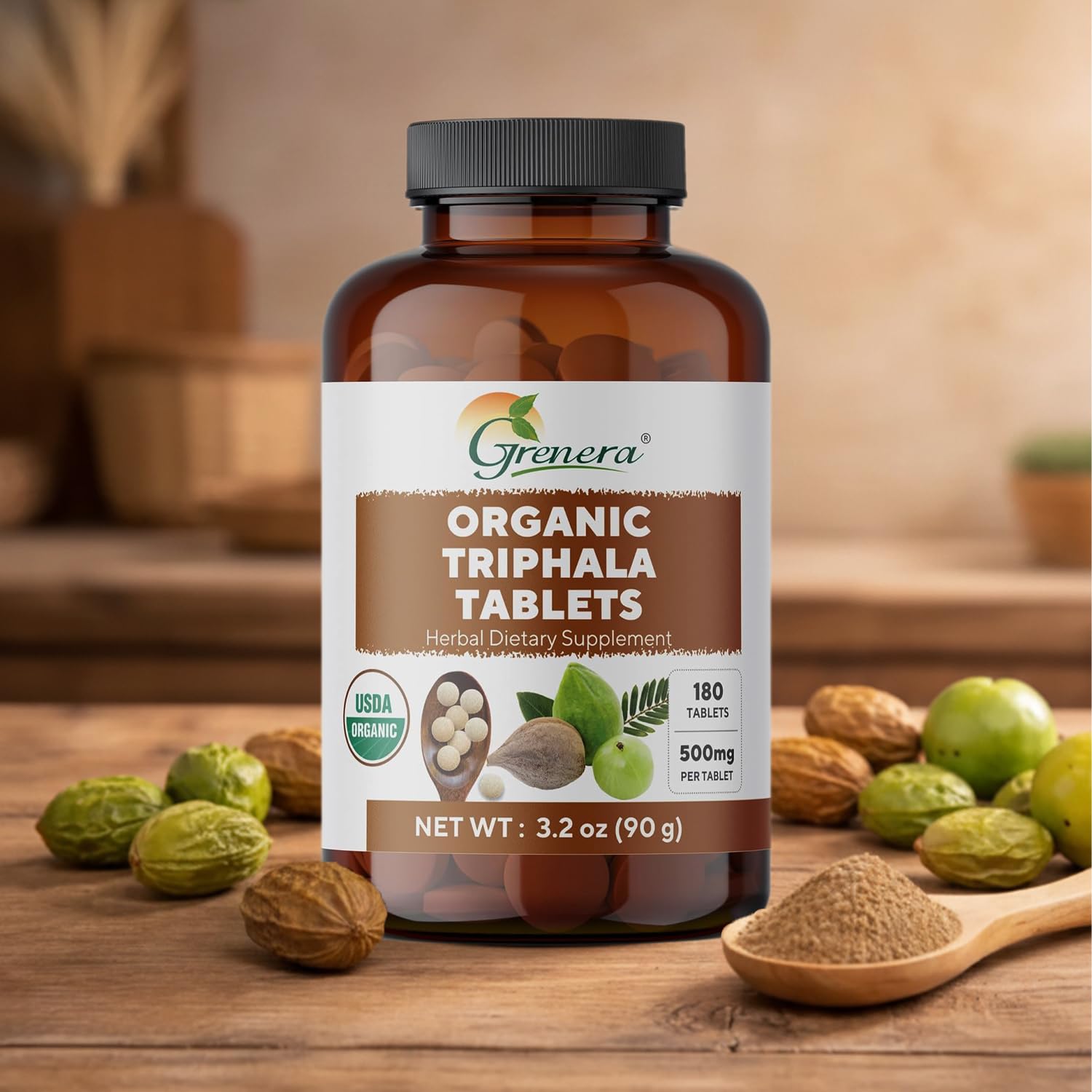 Organic seal and minimalist design on Grenera Triphala box.