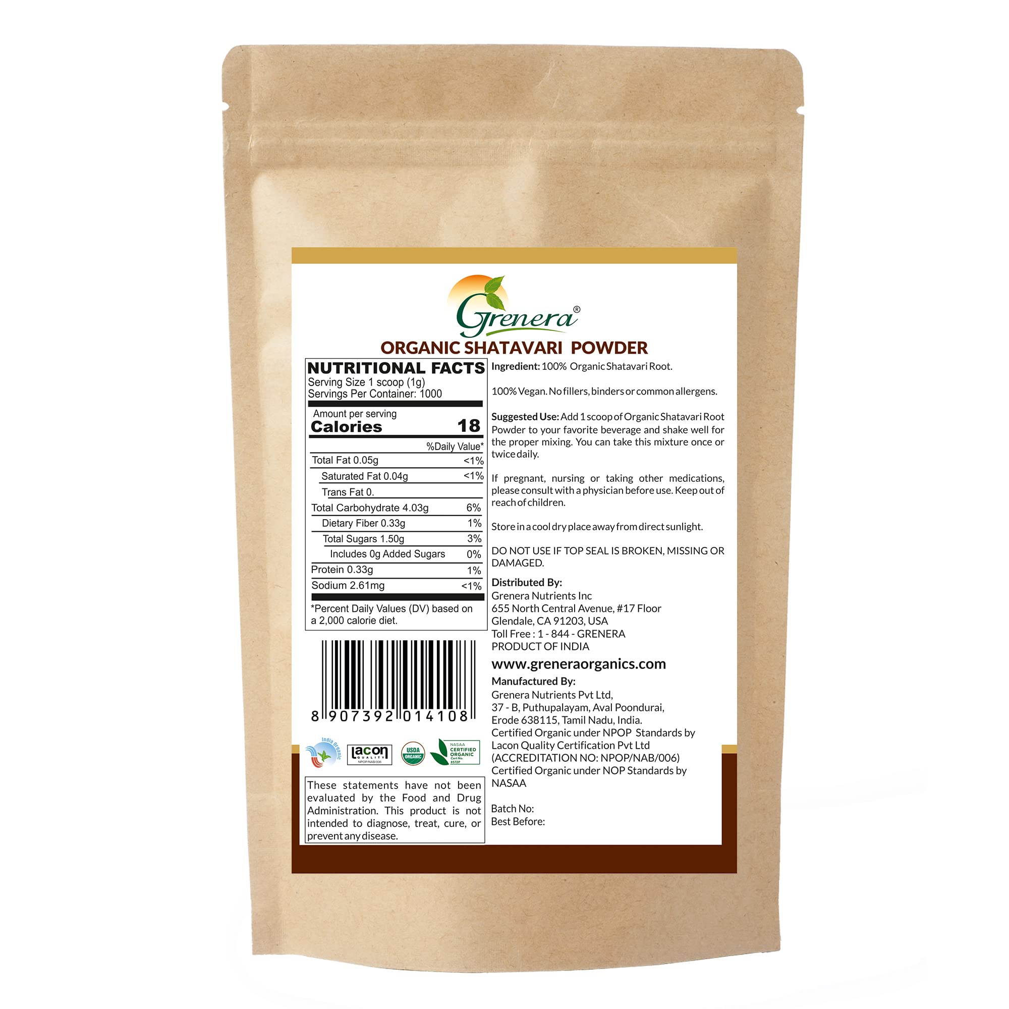 Grenera Shatavari powder bottle front highlights organic credentials.