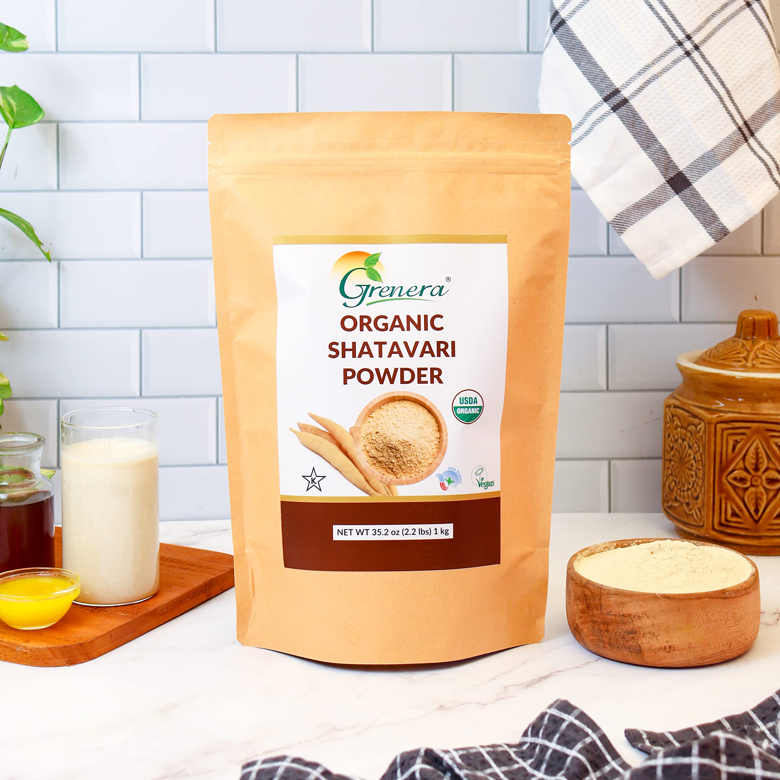 Grenera Shatavari powder label shows organic, gluten-free quality.