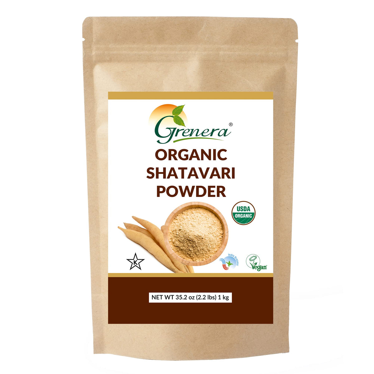 Grenera Shatavari powder packaging with organic label and farm-direct sourcing.
