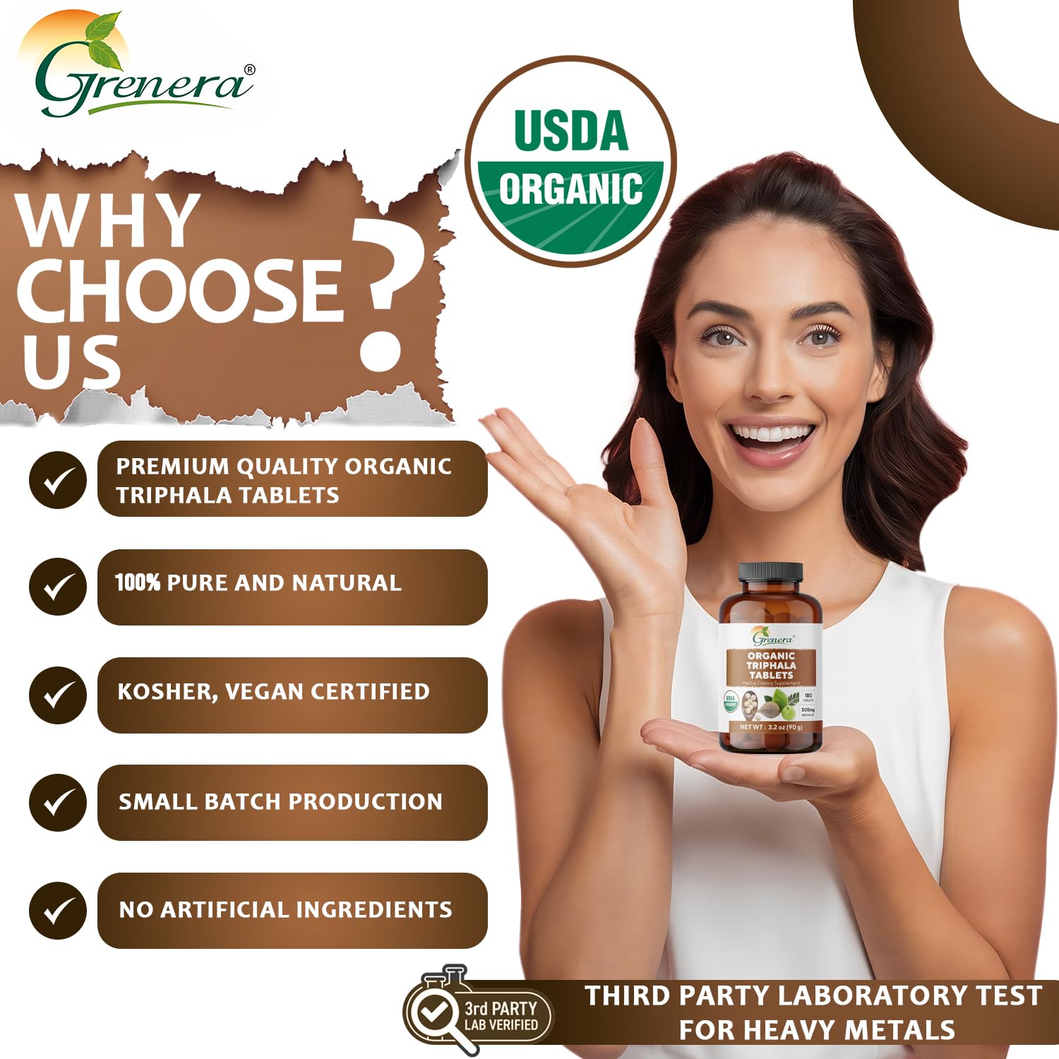 Label highlights certified organic ingredients in Grenera Triphala tablet blend.