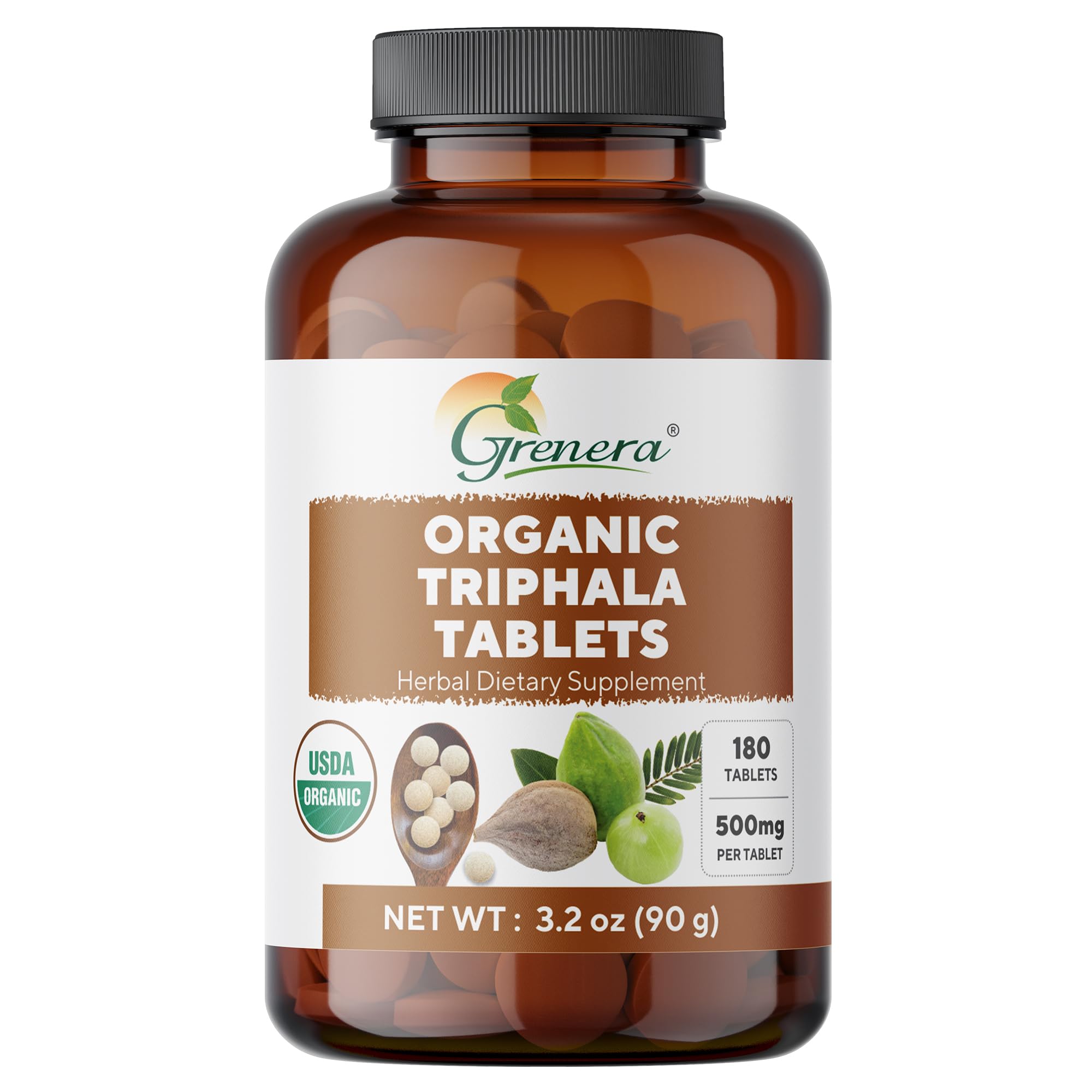 Grenera Triphala tablets bottle with organic blend of Amla Haritaki Bibhitaki for daily wellness.