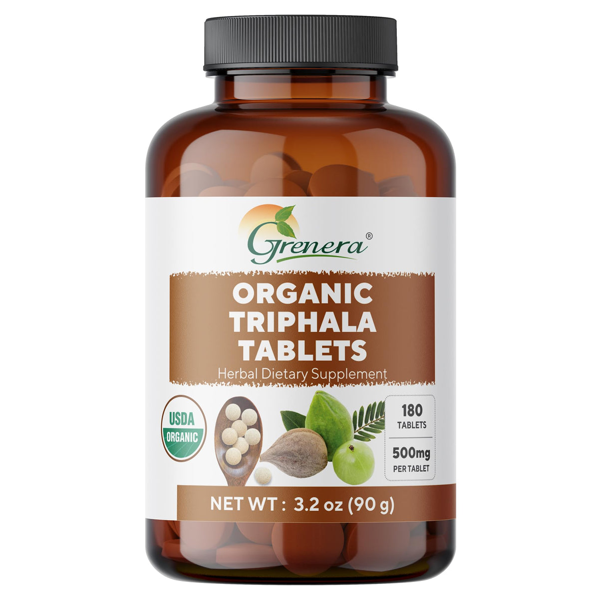 Grenera Triphala tablets bottle with organic blend of Amla Haritaki Bibhitaki for daily wellness.