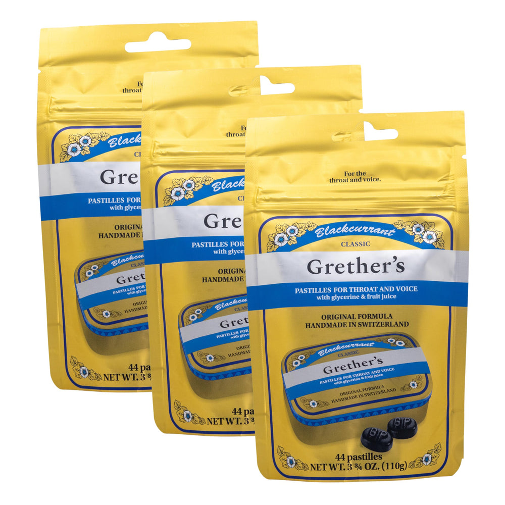 GRETHER'S Classic Blackcurrant Pastilles pack on shelf, ideal for on-the-go flavor and moisture support.