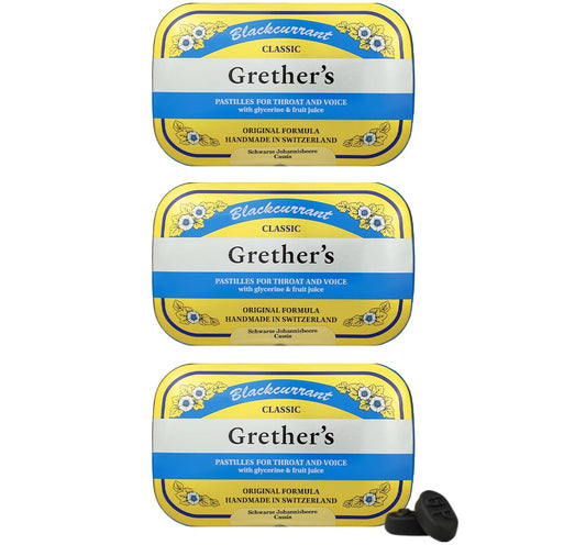 GRETHER'S Classic Blackcurrant Pastilles tin-front view for premium Swiss packaging.