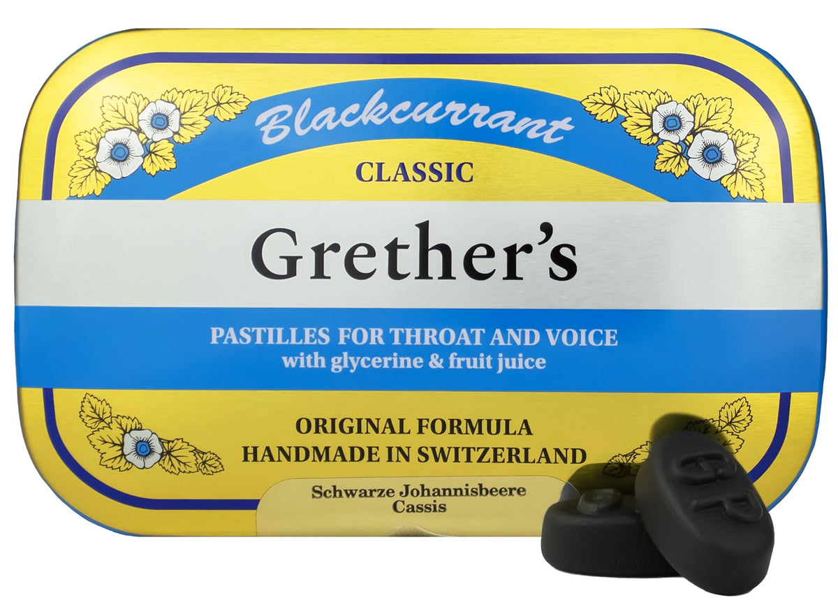 GRETHER'S Classic Blackcurrant Pastilles tin front for premium Swiss throat lozenges for dry mouth relief.