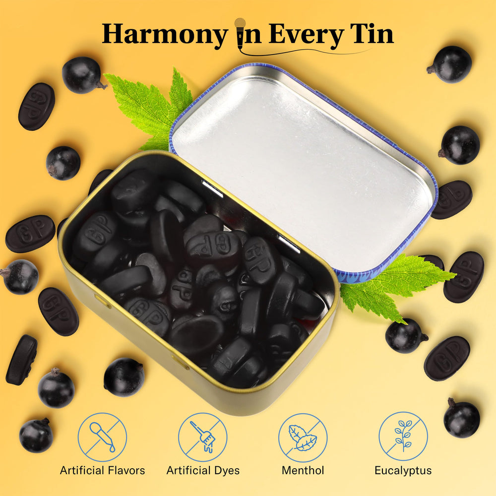 GRETHER'S Classic Blackcurrant Pastilles tin-open view showing chewy texture and real flavor.