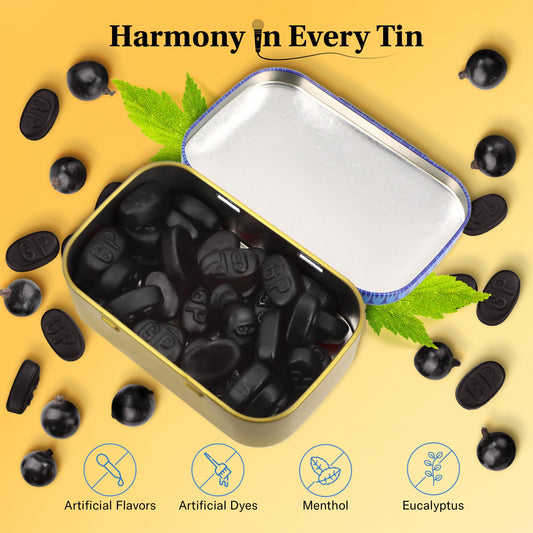 GRETHER'S Classic Blackcurrant Pastilles tin-open view showing chewy texture and real flavor.
