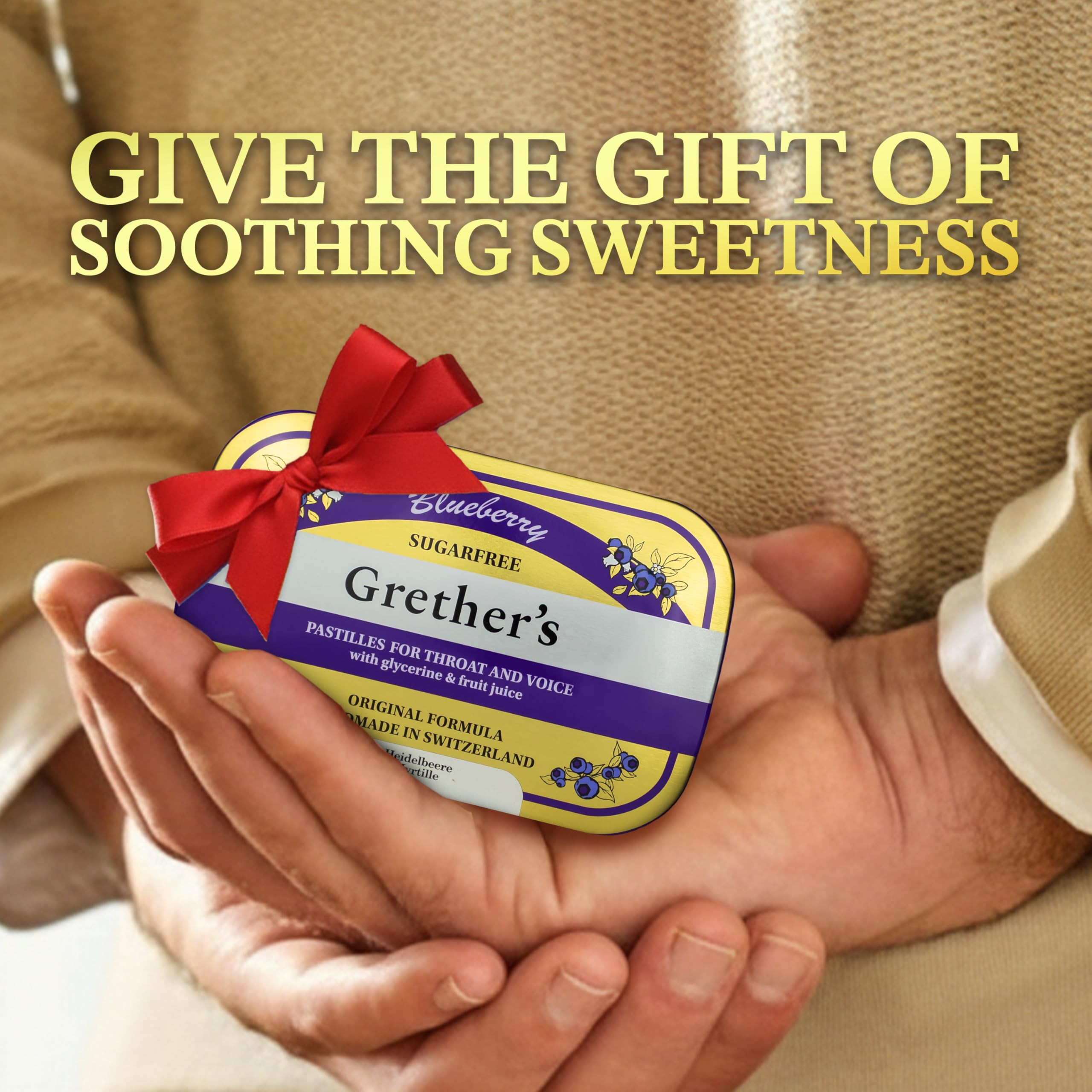 Close-up of GRETHER'S Blueberry Pastilles lozenge showing glossy surface and intense fruit aroma
