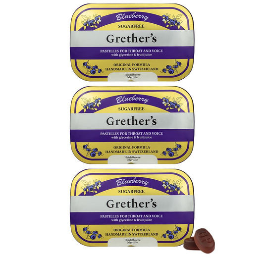 GRETHER'S Sugarfree Blueberry Pastilles tin close-up for lasting freshness