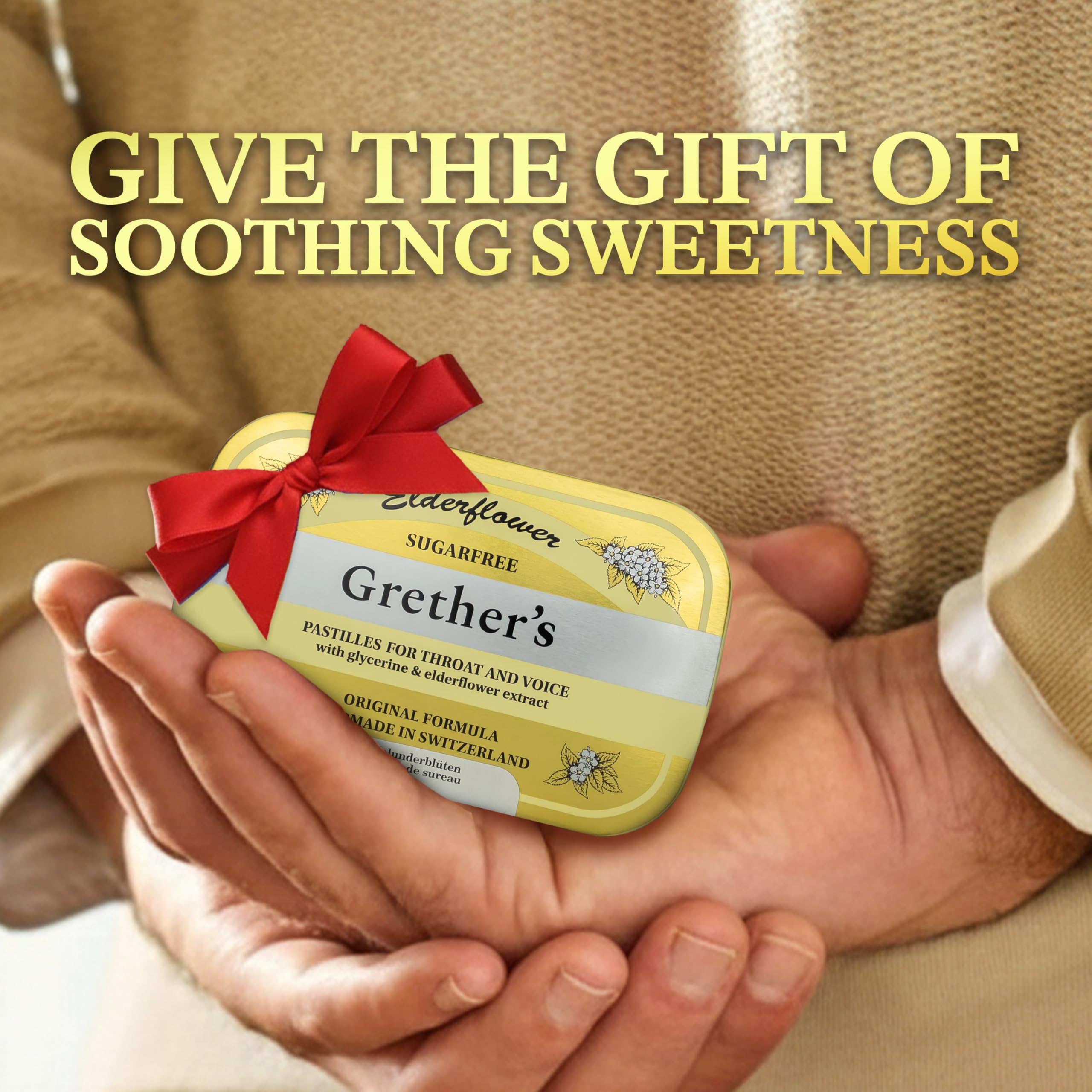 GRETHER'S Sugarfree Elderflower Pastilles label close-up with natural ingredients