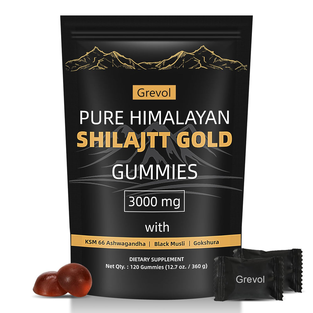 Grevol Himalayan Shilajit Gummies bottle showing convenient daily minerals.