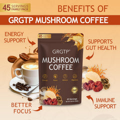 GRGTP Mushroom Coffee closeup of ingredients and mushrooms