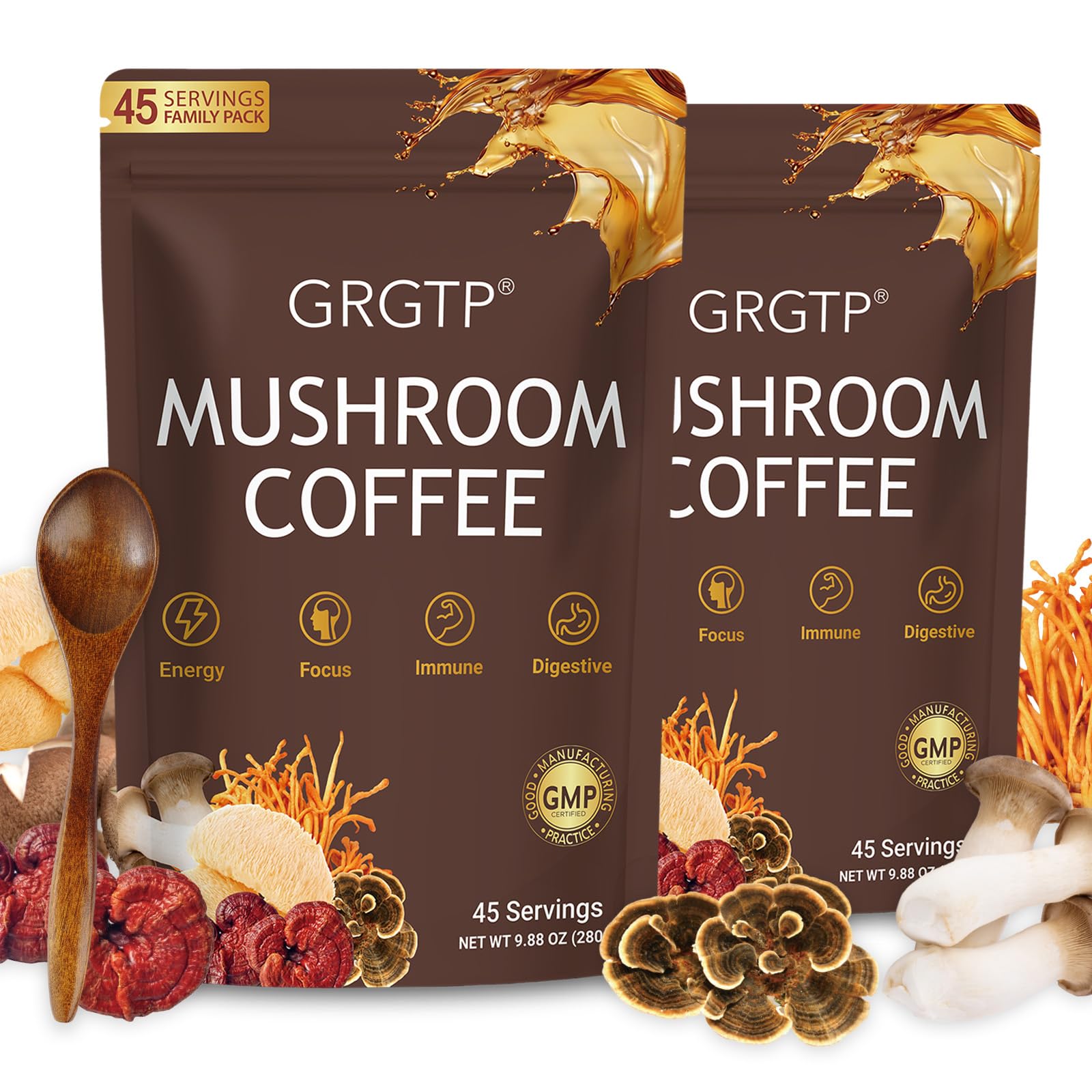 GRGTP Mushroom Coffee package showing six adaptogens for balanced energy