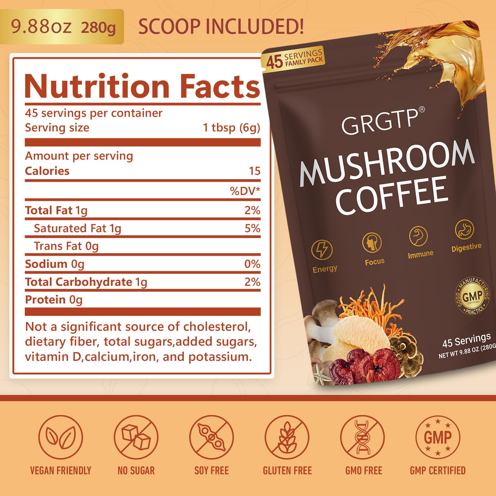 GRGTP Mushroom Coffee packaging and serving ideas on a desk