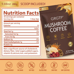 GRGTP Mushroom Coffee packaging and serving ideas on a desk