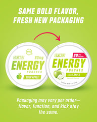 GRINDS Bolsas de Energía sabor manzana ácida para un impulso sabroso.