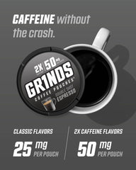 GRINDS Double Mocha pouch close-up highlighting rich aroma and quick energy.