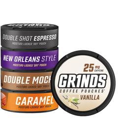 GRINDS Double Shot Espresso coffee pouch can for quick caffeine boost