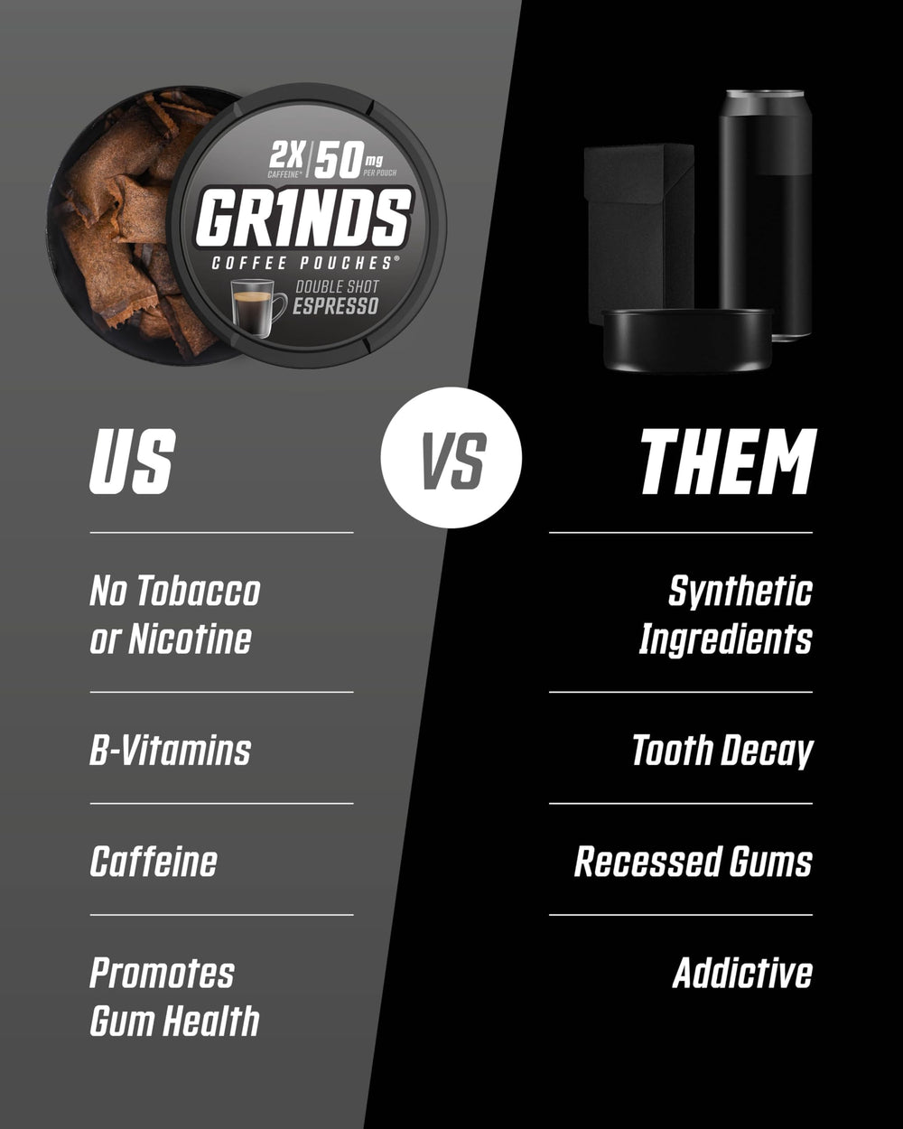 GRINDS New Orleans Style pouch on can for flavorful caffeine on demand.